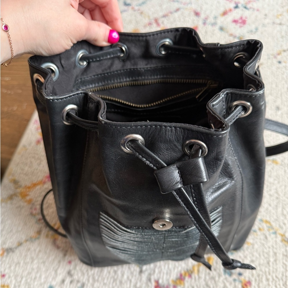 Black Leather Women's Backpack with Textured Front Panel - Picture 6 of 10